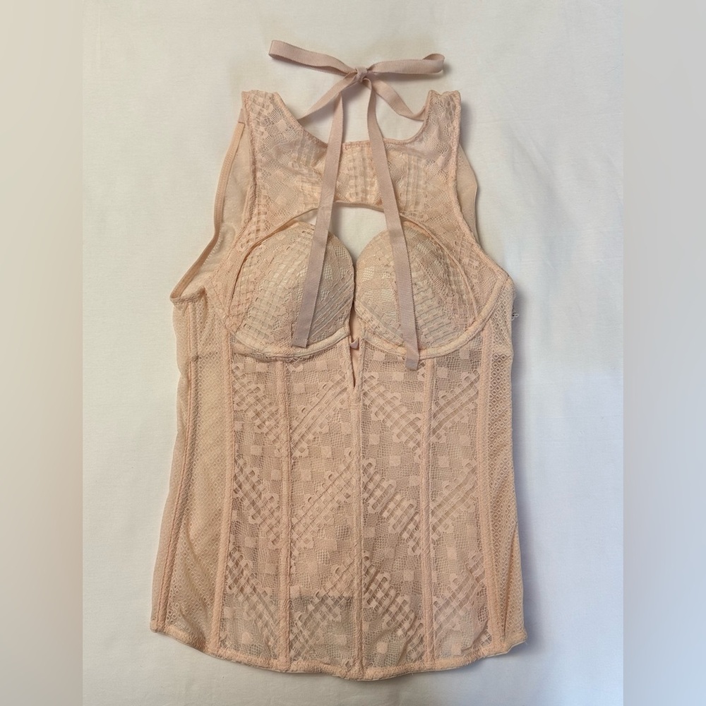 Victoria's Secret Lace Corset Blush Pink High Neck Side Zip Size 34B Romantic - Picture 1 of 13
